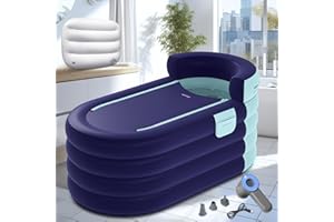 Hapyvergo Inflatable Bathtub Adult 63'' Portable Blow Up Bath Tubs with Cordless Air Pump, Ideal for Hot Ice Bath, Quick Drain Design with 9'10'' Long Hose, Phone Pocket, Water Cushion (Blue)