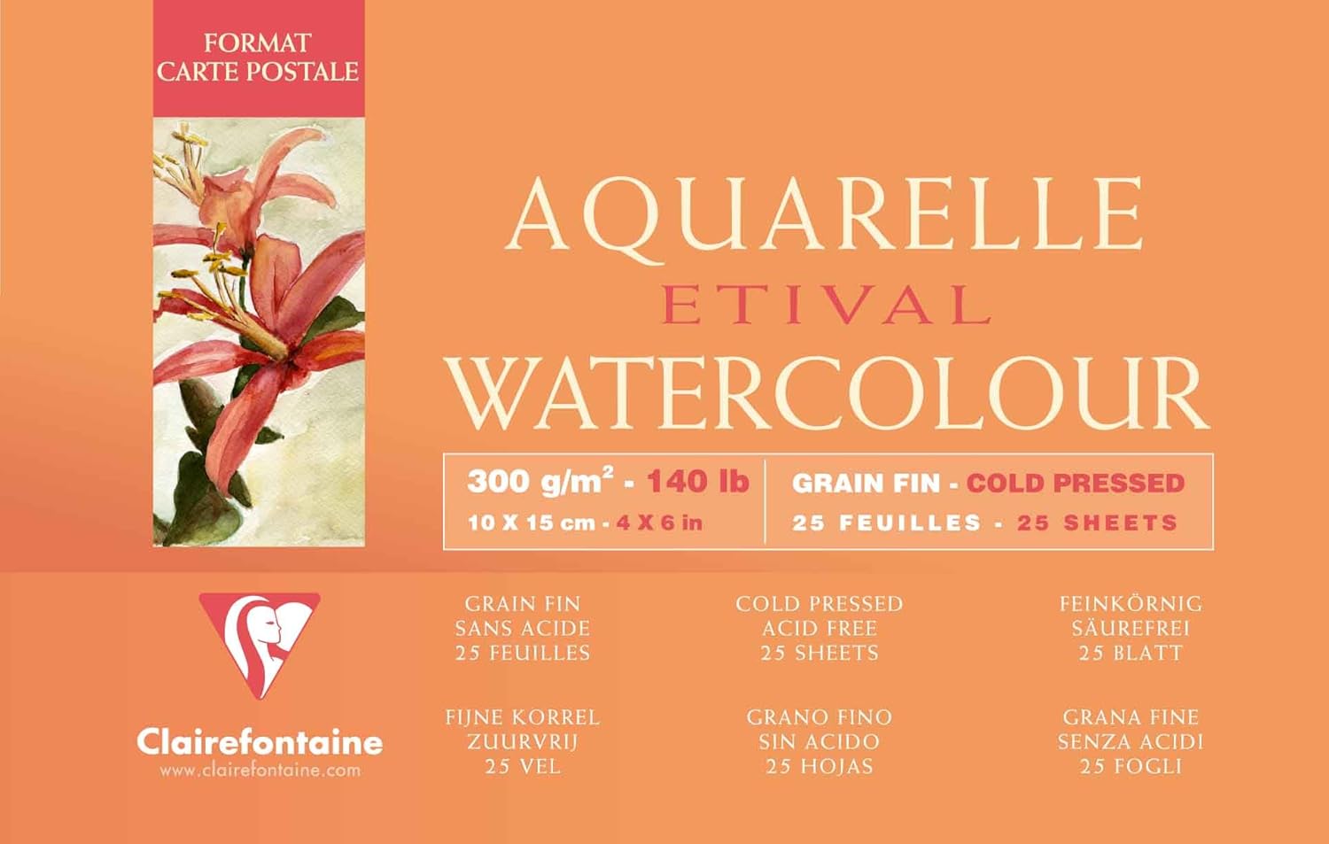 Clairefontaine, Ref 96468C, Etival Cold Pressed Glued Watercolour Painting & Drawing Pad (10 Sheets of Paper), 10 x 15cm