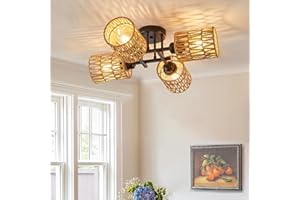 Rattan Ceiling Light 20.86 Inch, Hand-Woven Natural Wicker Flush Mount Fixture, Boho Chandelier with 4 E26 Sockets, Farmhouse