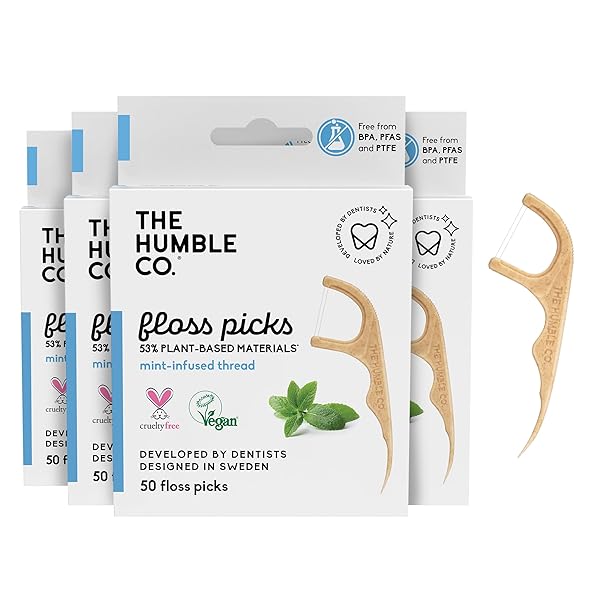 THE HUMBLE CO. FLOSS PICKS (200 COUNT) – PLANT BASED DENTAL FLOSS PICKS FOR SUPERIOR ORAL CARE, DENTAL HYGIENE, AND GUM HEALTH, CRUELTY FREE TOOTH FLOSS PICKS (MINT, DOUBLE THREAD)