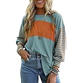 Dokotoo Long Sleeve Tops Oversized 2026 Trendy Round Crew Neck Casual Color Block Womens Shirts Blouses