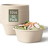 32 Oz Deep Paper Bowls Disposable Bowl - Disposable Heavy Duty Compostable Bowls, Eco-friendly Sugarcane Bagasse Biodegradable Bowl for Soup, Salad, Dessert, Ice Cream [50 Pack without Lds]