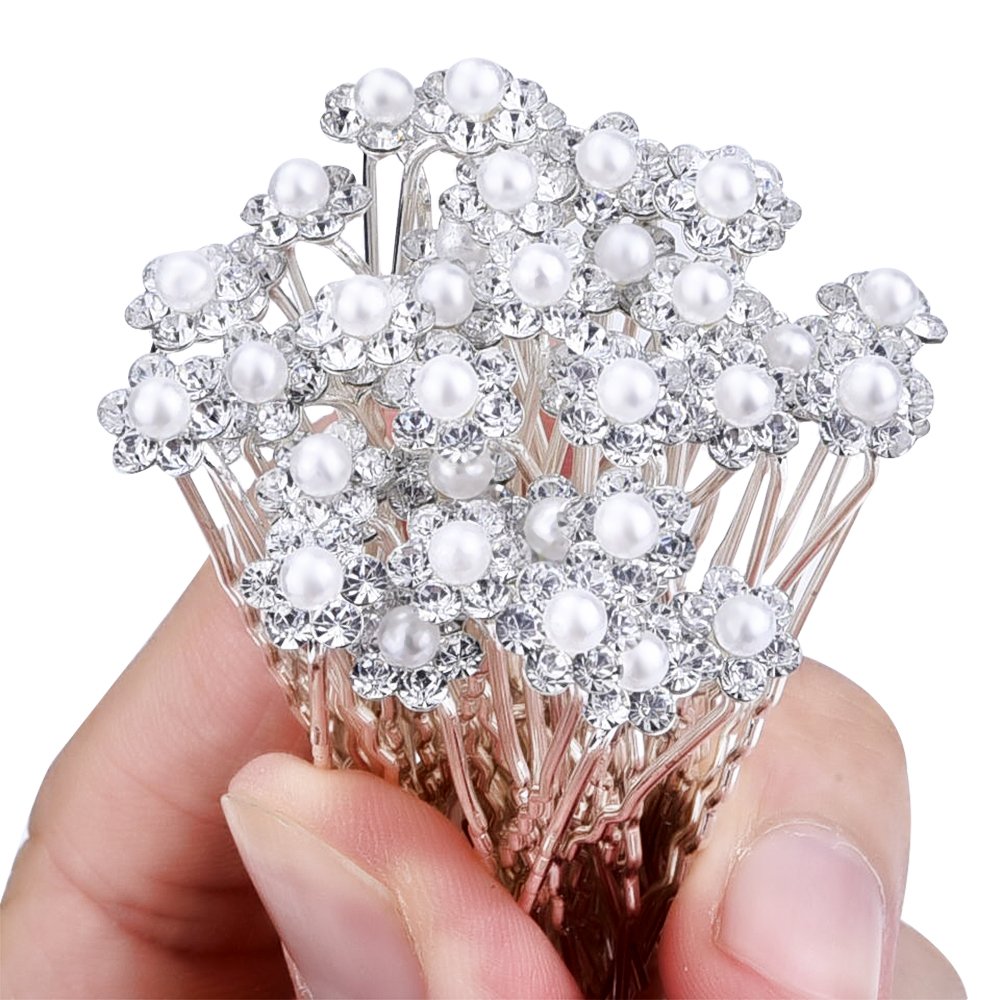 eBoot 40 Pack Wedding Bridal Pearl Flower Crystal Hair Pins Clips, White : Beauty