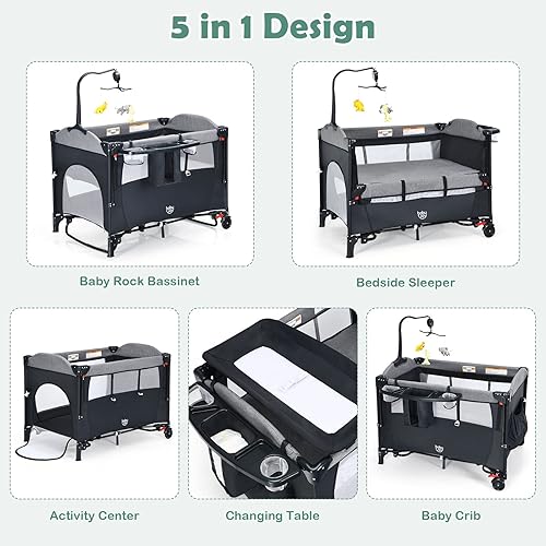 BABY JOY 5-in-1 Pack and Play, Baby Bedside Sleeper with Bassinet