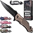 Legal Pocket Knife Coyote Tan - 2.95” Sharp Serrated Edge Blade - Multi Tool with Seatbelt Cutter, Glass Breaker & Clip - Cool Folding Knives for EDC Camping Fishing - Birthday Gifts for Men 6680 T