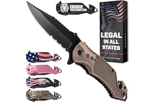 GOOD WORKER Legal Pocket Knife Coyote Tan - 2.95” Sharp Serrated Edge Blade - Multi Tool with Seatbelt Cutter, Glass Breaker & Clip - Cool Folding Knives for EDC Camping Fishing - Birthday Gifts for Men 6680 T