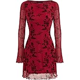 CIDER Womens Floral Mesh Mini Dress Long Sleeve Boat Neck Sheer Party Date Night Dresses Fall Trendy