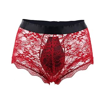 AIEOE Boxershorts Durchsichtig Spitze Boxer Atmungsaktiv und Sexy Lace Micropant Briefs Floral Unterwäsche - Schwarz und Rot