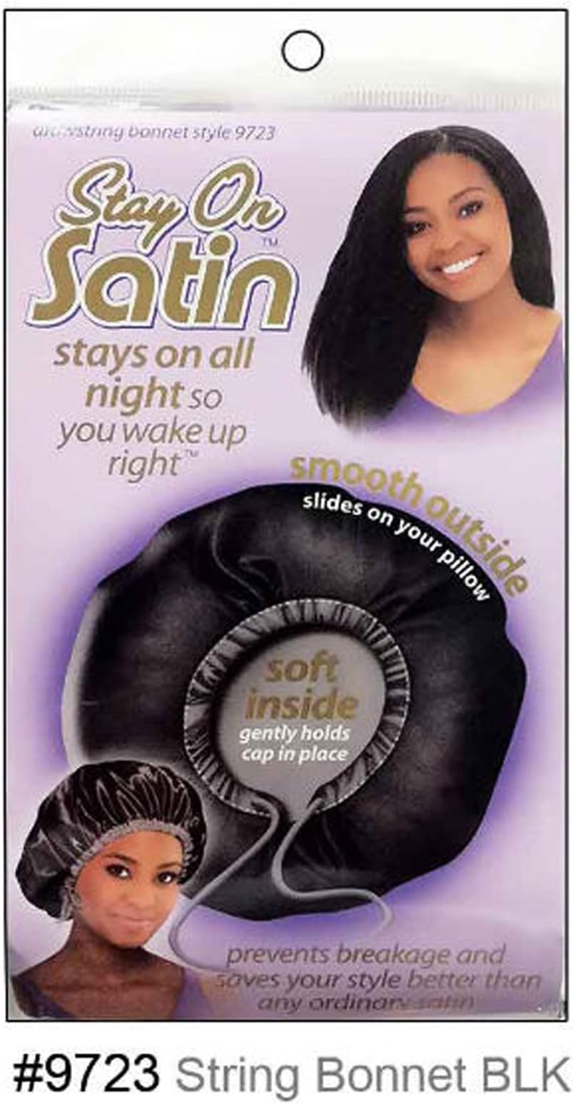 Stay On Satin Drawstring Bonnet (Stays On All Night) Style 9723 Black