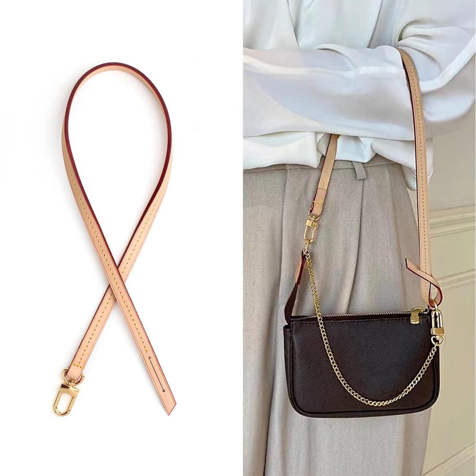 jiesinlov Genuine Vachetta Leather Replacement Bags Thin short Strap Shoulder Straps for Multi Pochette Boulogne pouchette Montaigne Accessories 20INCH (0.39Width Single Buckle 23.5Length)