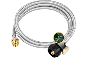 FOINWER 6 FT Propane Hose Adapter 1lb to 20lb,Stainless Braided Propane Tank Hose 1lb Portable Appliance to 5-40lb QCC1/Type1 Tank, Propane Adapter Hose with Guage for Portable Heater,Camping Stove, Gas Grill