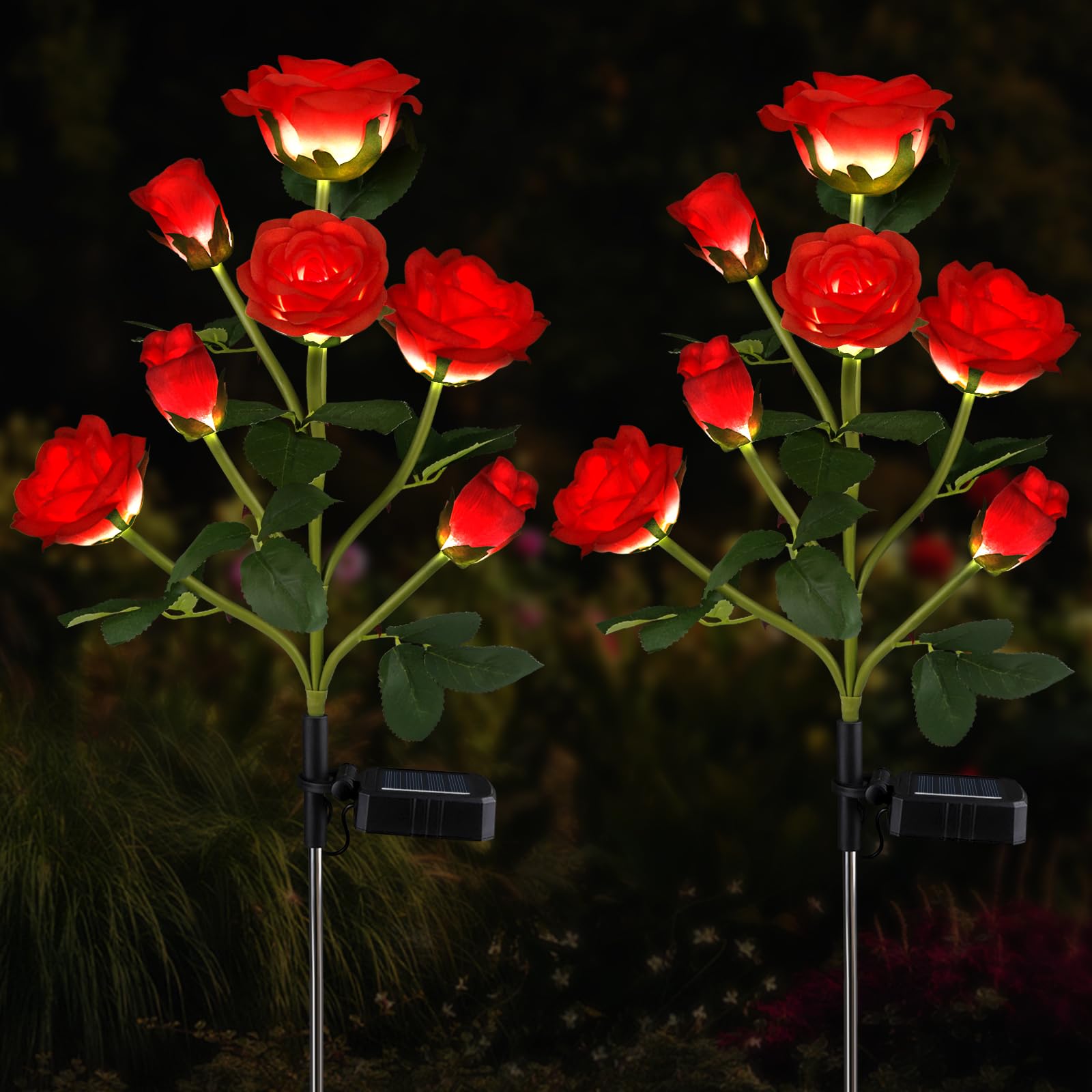 Aolyty 2 Pcs LED Solar Garden Lights, Decorative Waterproof Roses Stake Light, 7 Flowers Outdoor Artificial Ornaments for Grave Patio (Red)