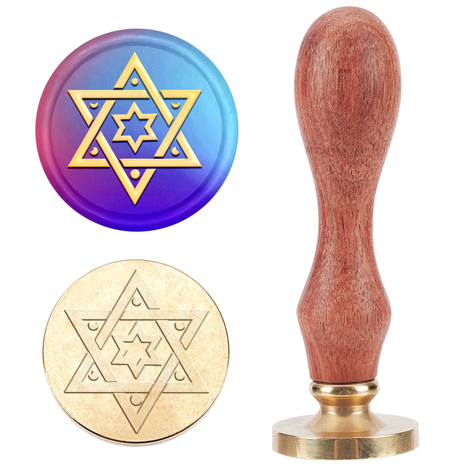 Photo 1 of MAYJOYDIY Star of David Wax Seal Stamp Moon Star Hexagonal Sealing Wax Stamps 6 Pointed Star 25mm Stamps Copper Seals Durable Removable for Envelopes Invitations Card Gift Wrapping
