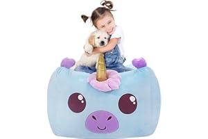 Aubliss Unicorn Stuffed Animal Storage Bean Bag Chair for Kids, Velvet Extra Soft Beanbag Chairs Cover, X-Large Stuffable Zipper Bean Bag for Organizing Plush Toys Girls Bedroom Decor, Blue