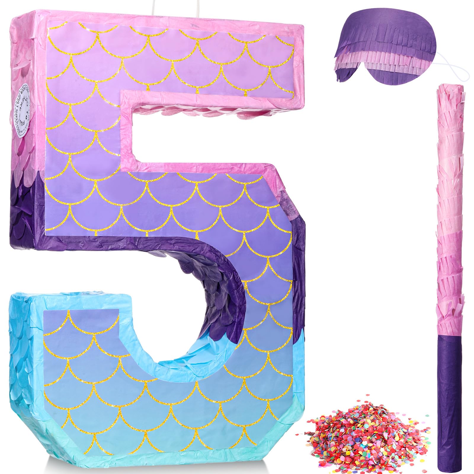 Photo 1 of Shappy 16 Inch Mermaid Piñata Purple Number Birthday Piñata Birthday Party with Stick Blindfold Confetti for Birthday Anniversary Celebration Decoration Supplies(Number 5)