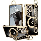 MOWIME Magnetic for Samsung Galaxy S25 Ultra Case with Wrist Strap for Women Girls, Cute Love Heart Pattern, Bling Plating Adjustable Wristband Kickstand Shockproof Protective Case - Black