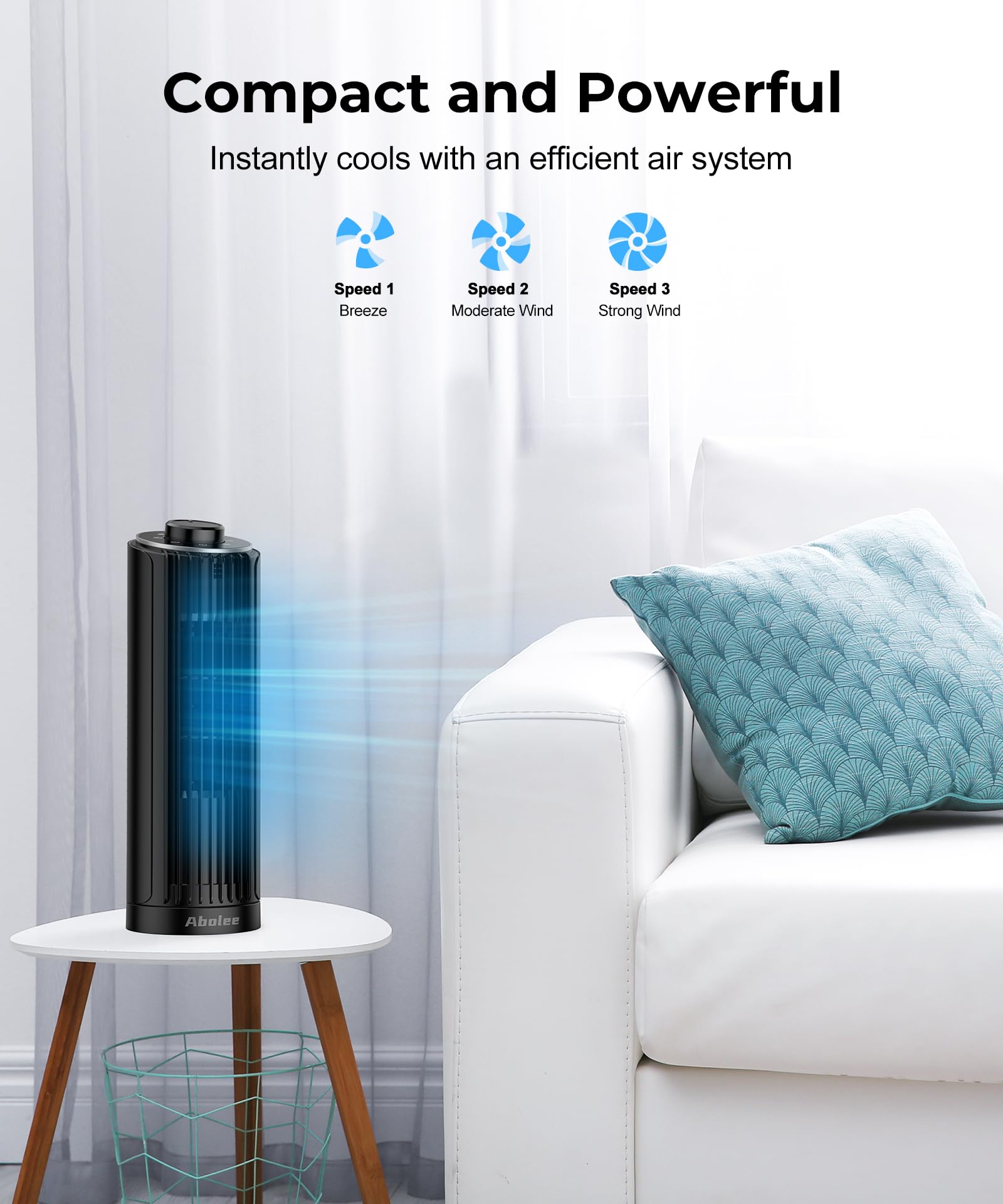 Abolee Tower Fan, 23ft/s Desk Fan, 70° Oscillating Table Fan for Bedroom, Standing Table Fan with 3 Modes, 2024 New 13 Inch Bladeless fan for Bedroom, Home,Office