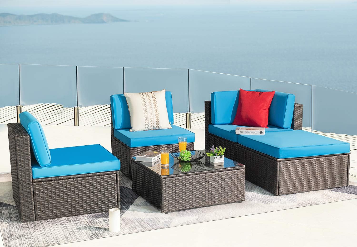 Amazon Com Kaimeng Patio Outdoor Furniture Sets 5 Pieces All Weather Rattan Sectional Sofa Wicker Manual Garden Conversation Set Cushioned With Glass Table Blue Garden Outdoor