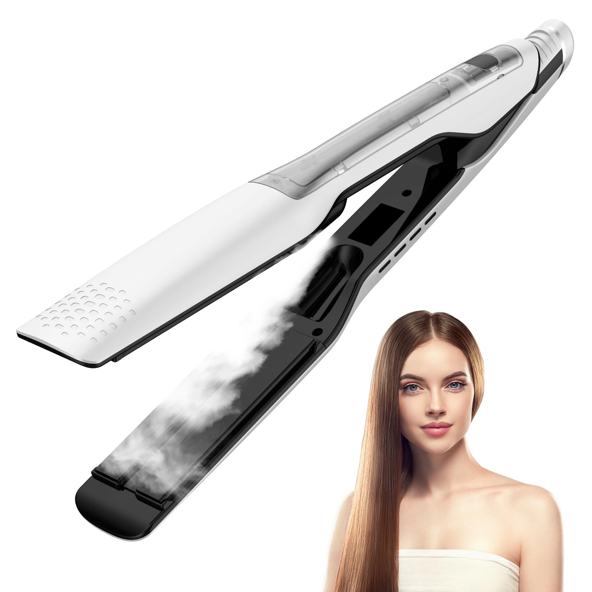 Photo 1 of Hair Straightener, 1 Inch Steam Hair Straightener & Curling Iron 2-in-1?Fast Heat-Up, Negative Ion & Steam Hair Care?Professional Ceramic Double Voltage Straightener for Less Frizz Shinier (White)
