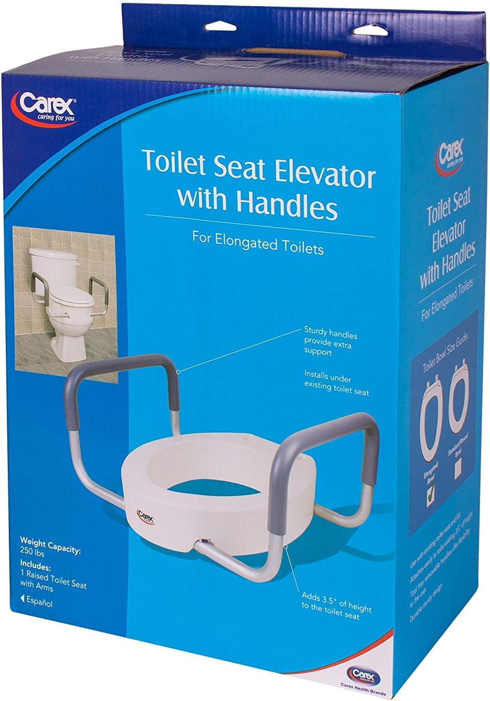 Carex 3.5 Inch Raised Toilet Seat with Arms - For Elongated Toilets - Elevated Toilet Riser with Removable Padded Handles, Easy On and Off, Support 250 lbs: Health & Personal Care