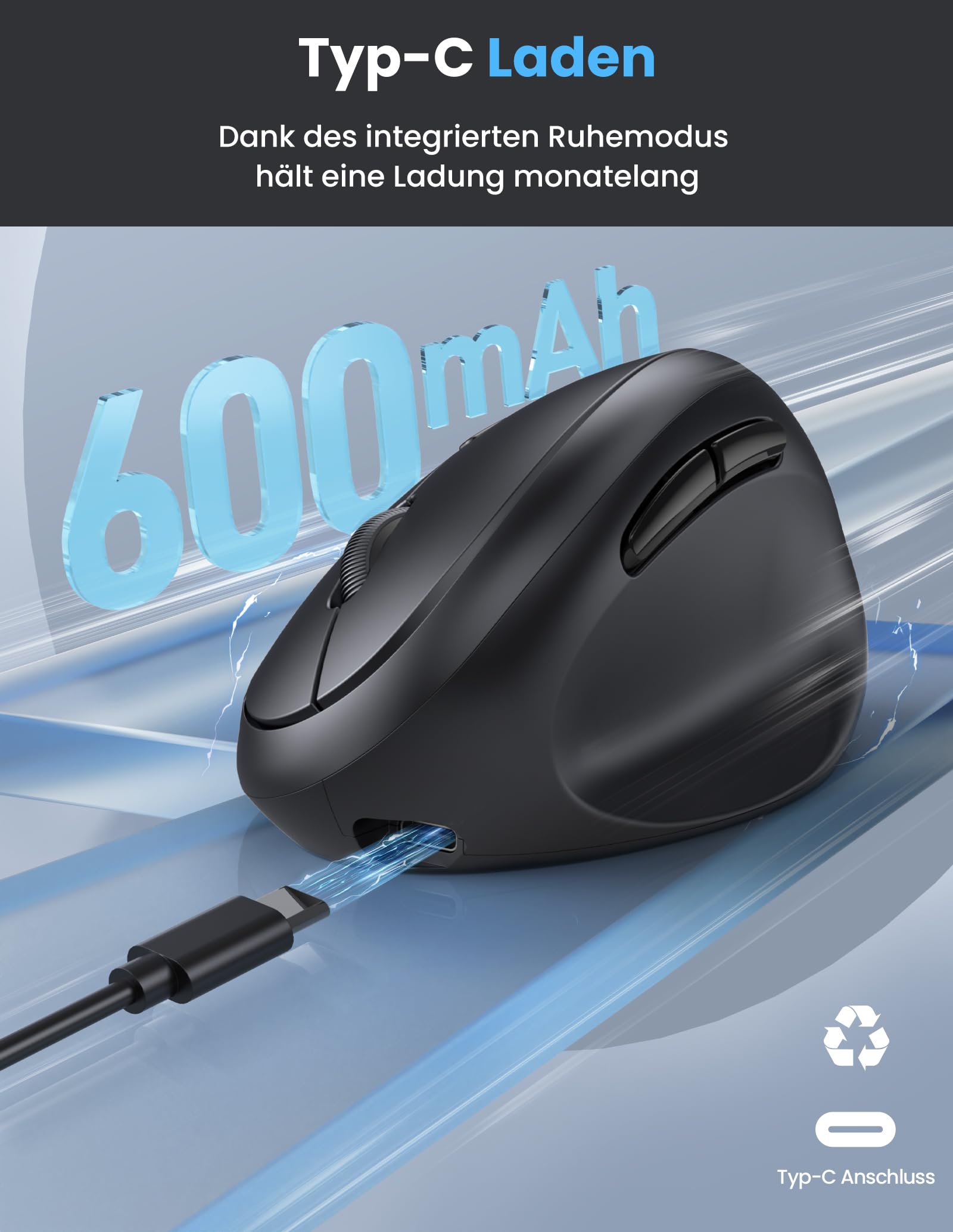 TECKNET Ergonomische Maus Bluetooth, Wiederaufladbar Maus Kabellos mit 3 Gerät (BT 5.0/3.0 + 2.4G), 6 Tasten, 4800 DPI Leise Vertikale Funkmaus für Laptop, Computer, iPad, Mac, Windows 4
