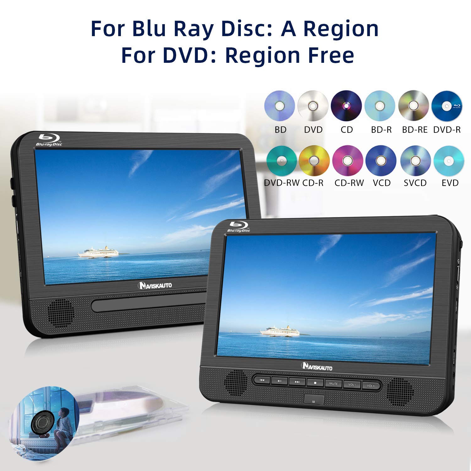 NAVISKAUTO 10.1" Blu Ray Dual Car DVD Players with Rechargeable Battery