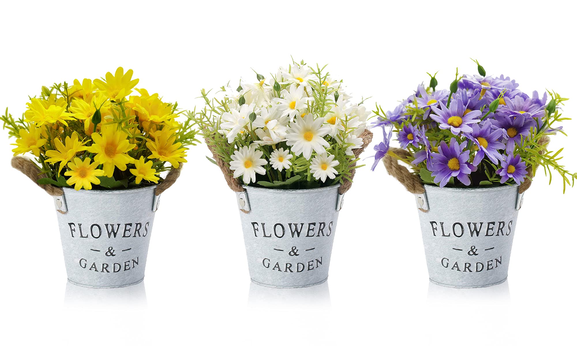 HOTLIKE Artificial Flowers Plants Set of 3, Fake Plants With Metal Pot, Indoor and Outdoor Mini Artificial Potted Plant, Perfect Decoration Gift for House Office Desk Kitchen Wedding (Daisy)