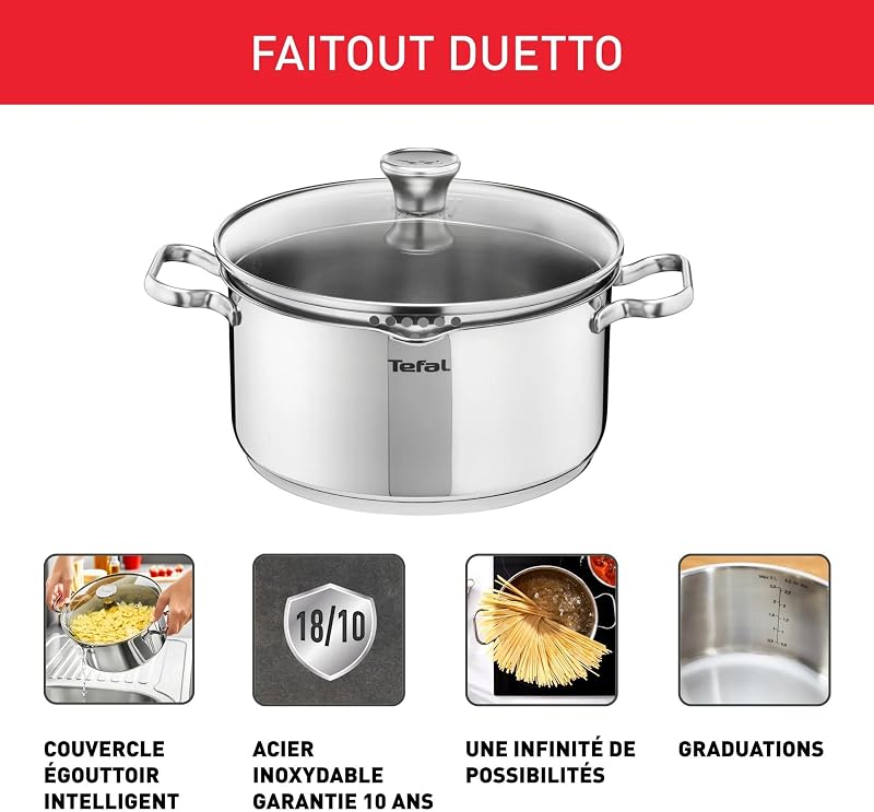 - Faitout Duetto Acier Inoxydable avec Couvercle Filtrant - 24 cm