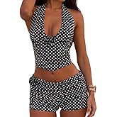 Mxiqqpltky Polka Dot Set for Women Vintage 3D Flower V Neck Sleeveless Crop Halter Tops and Fold Over Shorts Y2k Matching Set