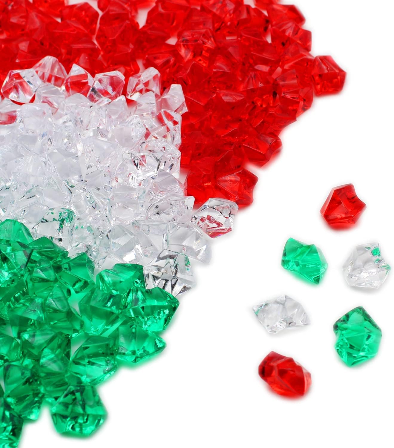 Vase Fillers - PMLAND Acrylic Ice Rocks Crystals Gems 550 Pcs 3 lbs Bulk Bag for Vase Filler Table Scatter Holiday Party Wedding Arts Crafts Decoration and Display - Red White Green