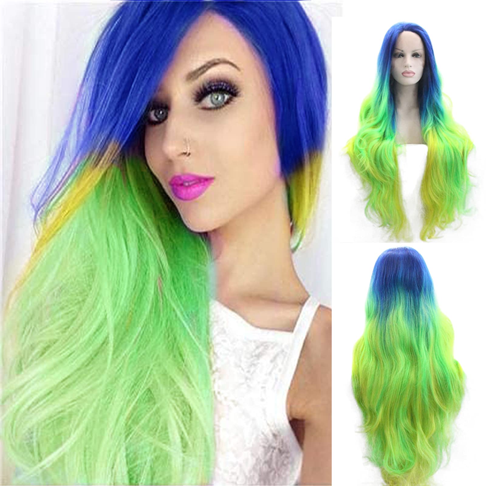 Colorful Wig Lace Front Wigs for Women Blue Green Yellow Mermaid Ombre Long Wavy Synthetic Wig Realistic Glueless Handmade Frontal Lace Wigs Heat Resistant Fiber Hair Cosplay Daily Drag 26 Inch — image 1