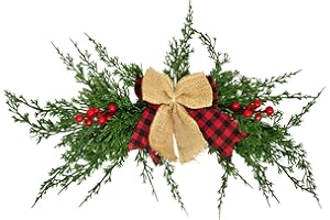 MOTUZP Artificial Christmas Swag, 22.8inch Winter Pine Needles Decoration Swag with Ribbon Bow and Red Berries, Greenery Christmas Swag for Wall Door Lintel Festival Decor