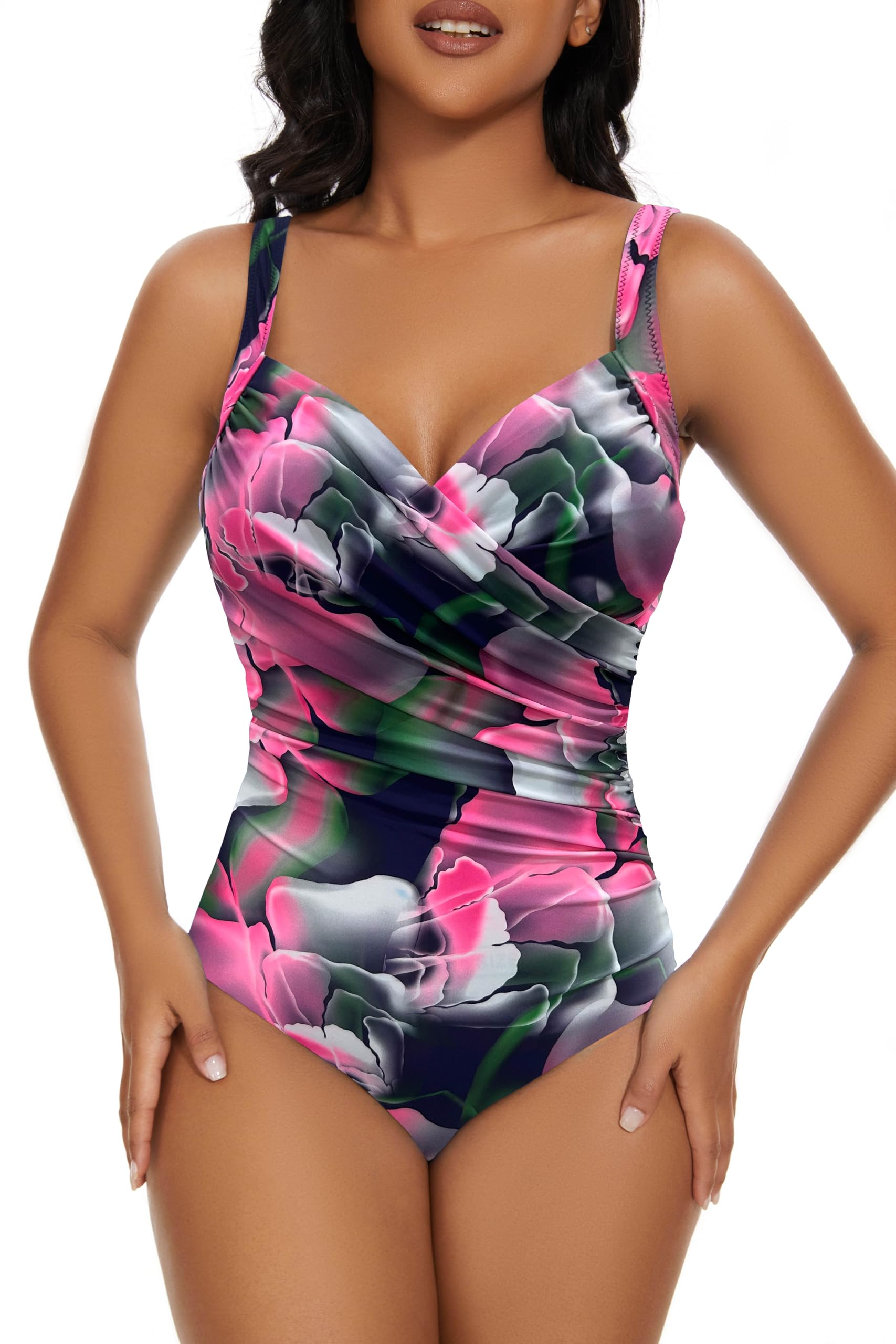 Photo 1 of Aqua Regina Plus Size Swimsuit for Women One Piece Bathing Suit Ruched Tummy Control Adjustable Swimwear(Peony Floral,XL)
