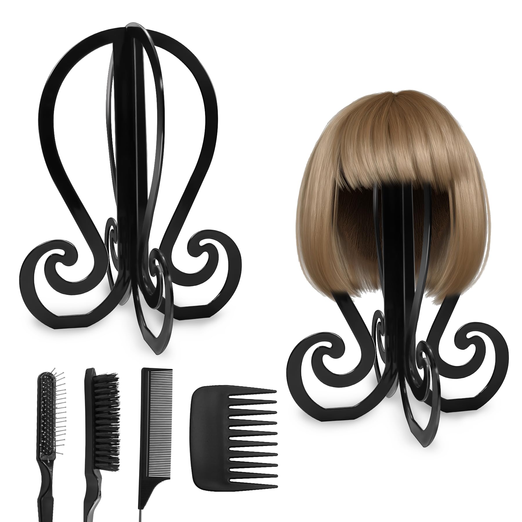 Photo 1 of 2 Pack Wig Head Stand Portable Collapsible Wig Holder With 4PCS Wig Brush Comb,Travel Wig Holder Comb Set for Women Multiple Wigs