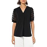 Adrianna Papell Womens Solid Knit V-Neck Clip Dot Chiffon Top