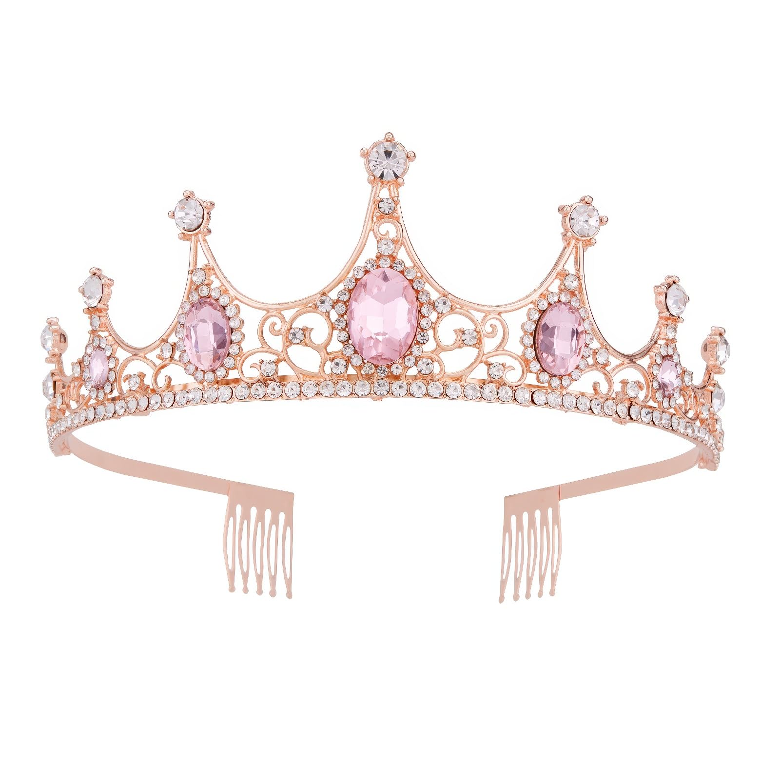 Vofler Rose Gold Tiara Crown with Pink Crystal - Baroque Vintage Clear Rhinestone Headband for Women Queen Lady Girl Bride Princess Birthday Wedding Pageant Prom Halloween Costume Party with Comb