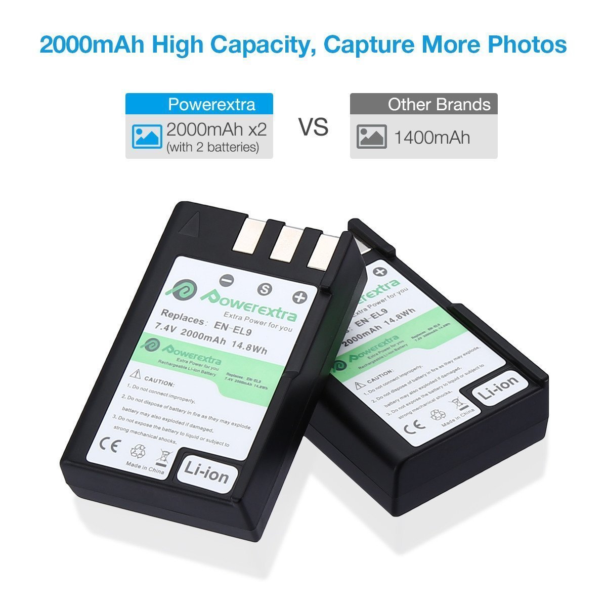 Powerextra 2 Pack Nikon EN-EL9 Rechargeable Li-ion Battery for Nikon D40 D40x D60 D3000 D5000 Digital Cameras as Nikon ENEL9 EN-EL9A