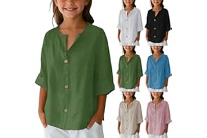 Cotton Linen Shirts Girls Kids V Neck Button Down Tops Summer Plain Long Sleeve Open Front Holiday Beach Casual Blouses
