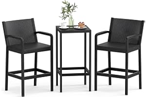 COSTWAY 3 Pieces Patio Bar Set, Modern Outdoor Bistro Set with 2 Chairs and 1 Square Bar Table, Curved Backrest and Armrests, Metal Frame, for Garden, Balcony, Poolside, Black