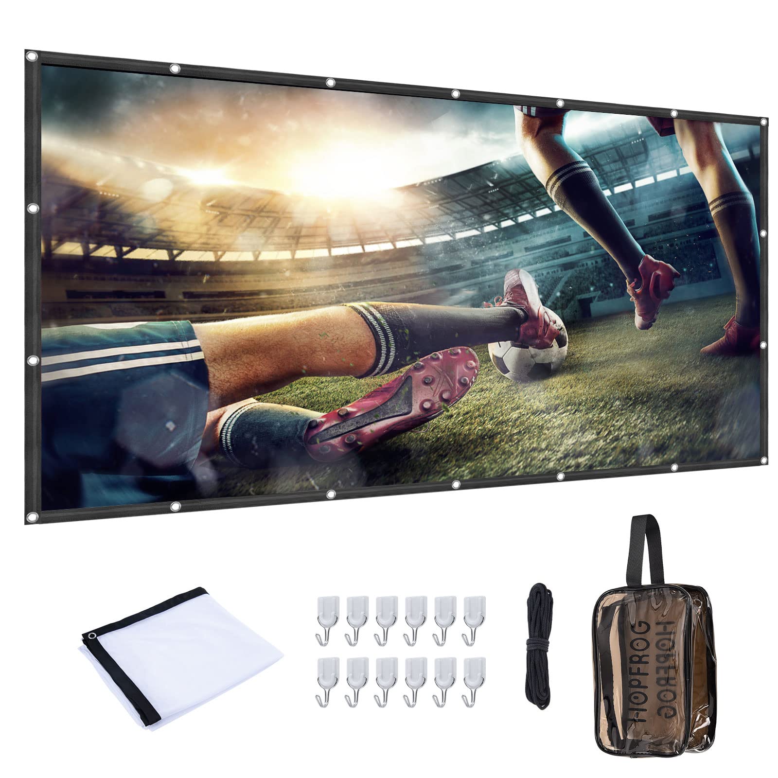 HOPFROG 120 Inch Projector Screen & Cosmetics Bag Bundle, Hangable Outdoor Movie Screen with Hooks, Ropes, Portable Indoor & Outside Video Projection Screen S120N