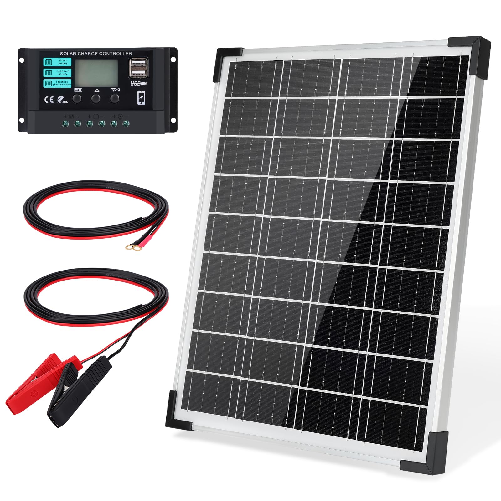 Photo 1 of *Similar**Solar Panel 20W 12V Monocrystalline Waterproof Solar Panel Kit with 10A Charger Controller for RV Trailer Car Rooftop Farm Battery and Other Off-Grid Applications