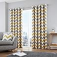 Fusion - Chevron - 100 Percent Cotton Pair of Eyelet Curtains in Ochre, 66" Width x 90" Drop (168 x 229 cm)