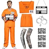 Forfamy Prisoner Costume for Men Orange Prison Inmate Costumes Mens Halloween Cosplay Outfit Coverall with Prison Number