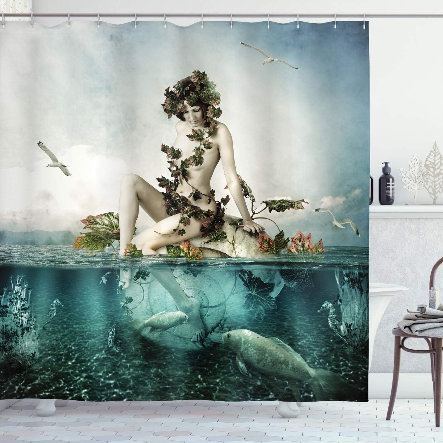 Ambesonne Mermaid Decor Shower Curtain Set, Woman Sitting On A Shell Birds Clouds Over Sea, Bathroom Accessories, 84 Inches Extralong