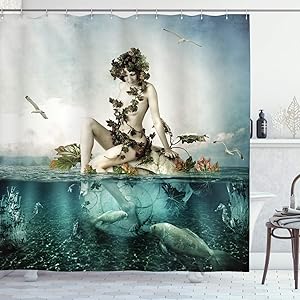 Ambesonne Mermaid Decor Shower Curtain Set, Woman Sitting On A Shell Birds Clouds Over Sea, Bathroom Accessories, 84 Inches Extralong