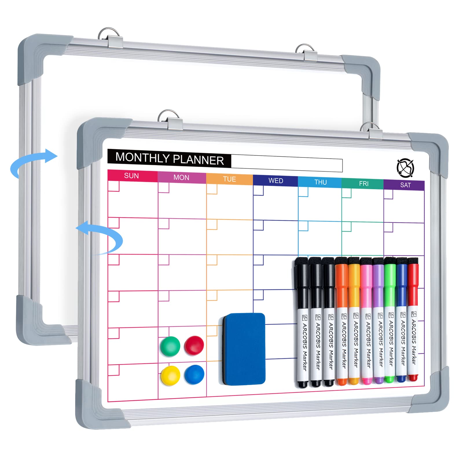 Magnetic Small A3 Whiteboard for Wall, ARCOBIS Monthly Planner Mini Whiteboard 40 x 30 cm Hanging Double-Sided White Board for Planning