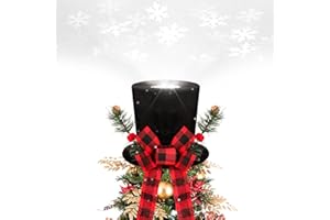 BLOOMWIN Christmas Tree Topper Hat Lighted with Snowflake Projector, Black Velvet Bowler Hat with Red Plaid Bow Pine Cones, Rustic Christmas Decorations for Home Tree Topper with Lights