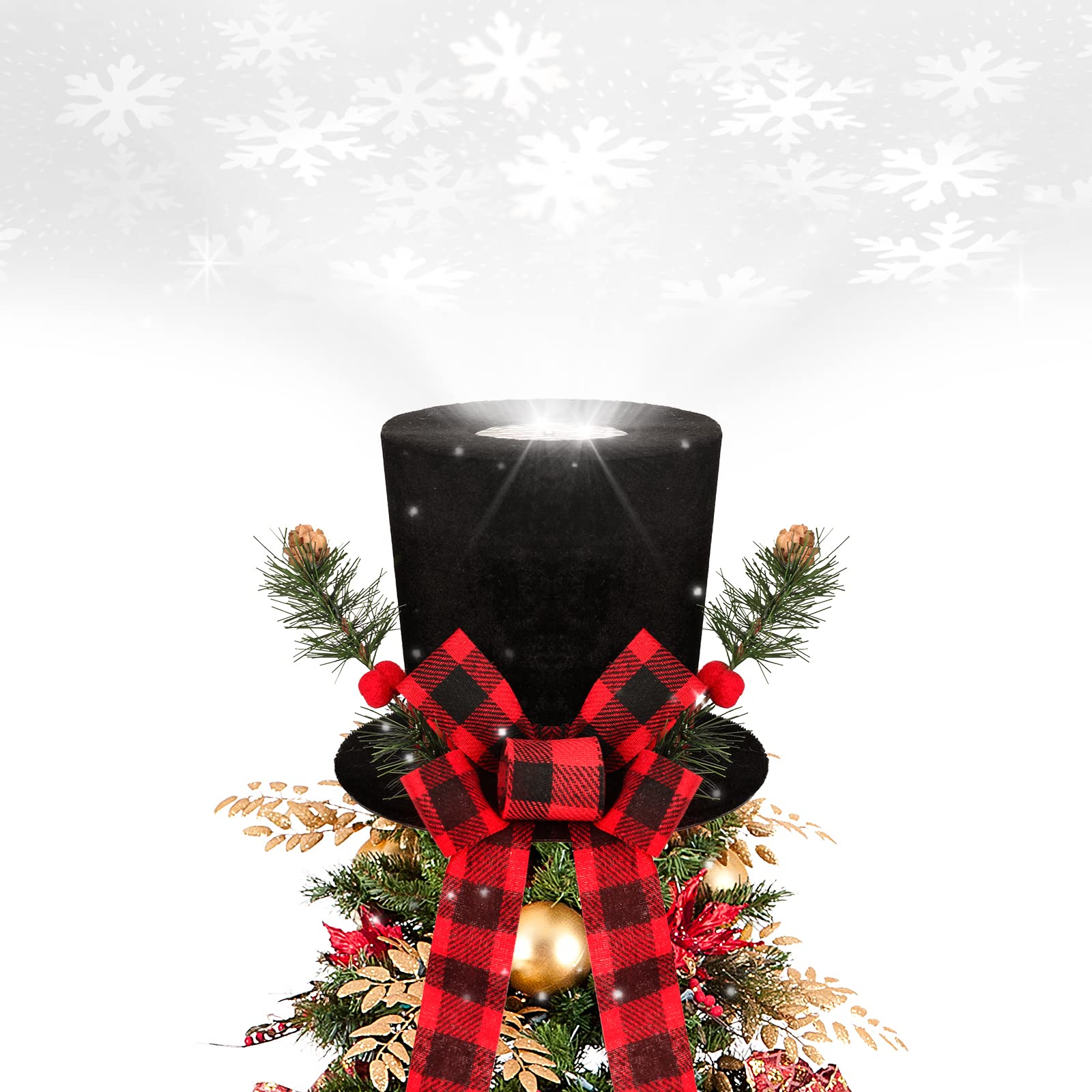 Photo 1 of BLOOMWIN Christmas Tree Topper Hat Lighted with Snowflake Projector, Black Velvet Bowler Hat with Red Plaid Bow Pine Cones, Rustic Christmas Decorations for Home Tree Topper with Lights