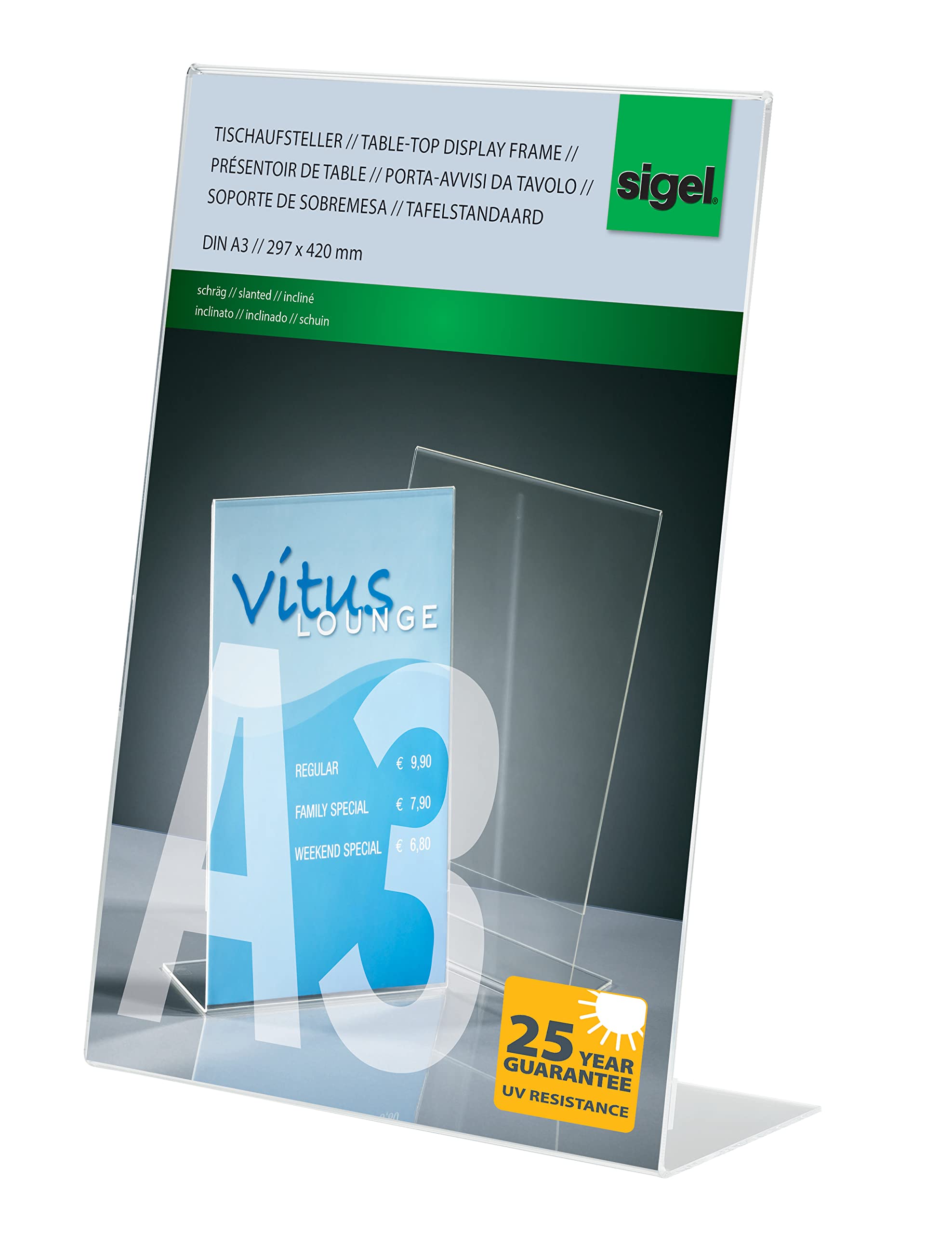 SIGEL TA213 Sign Holder, slanted, for A3, single-sided presentation, uv resistant acrylic, transparent, 1 Piece — image 1