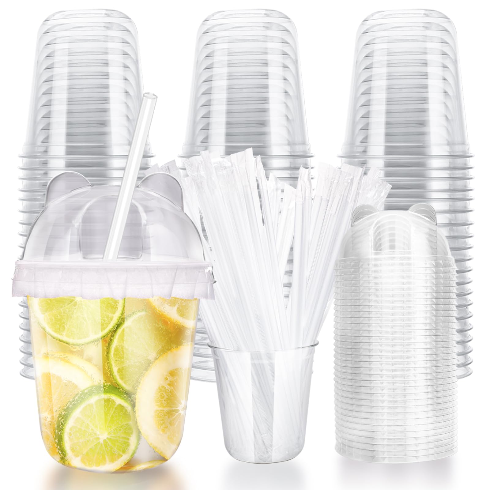 Photo 1 of 12oz Disposable Stemless Glasses With Bear ears Dome Lids and Straws,PET Disposable Drinking Cups,Clear Plastic Wine Glasses for Parties Birthday,Wedding,Meeting,Party Supplies (50, Transparent)